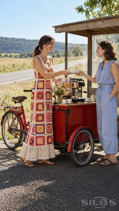 A woman in a colorful crochet dress serves coffee beside a red cart tricycle at a sunny rural bus shelter.