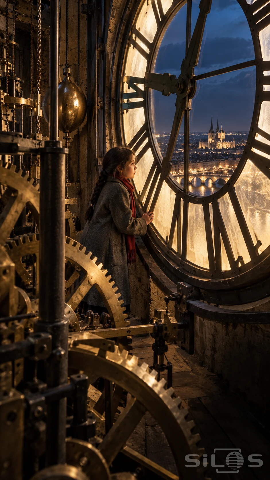 A girl in a grey coat and red scarf looks through a huge illuminated clock face, with brass gears in the foreground and city lights beyond.