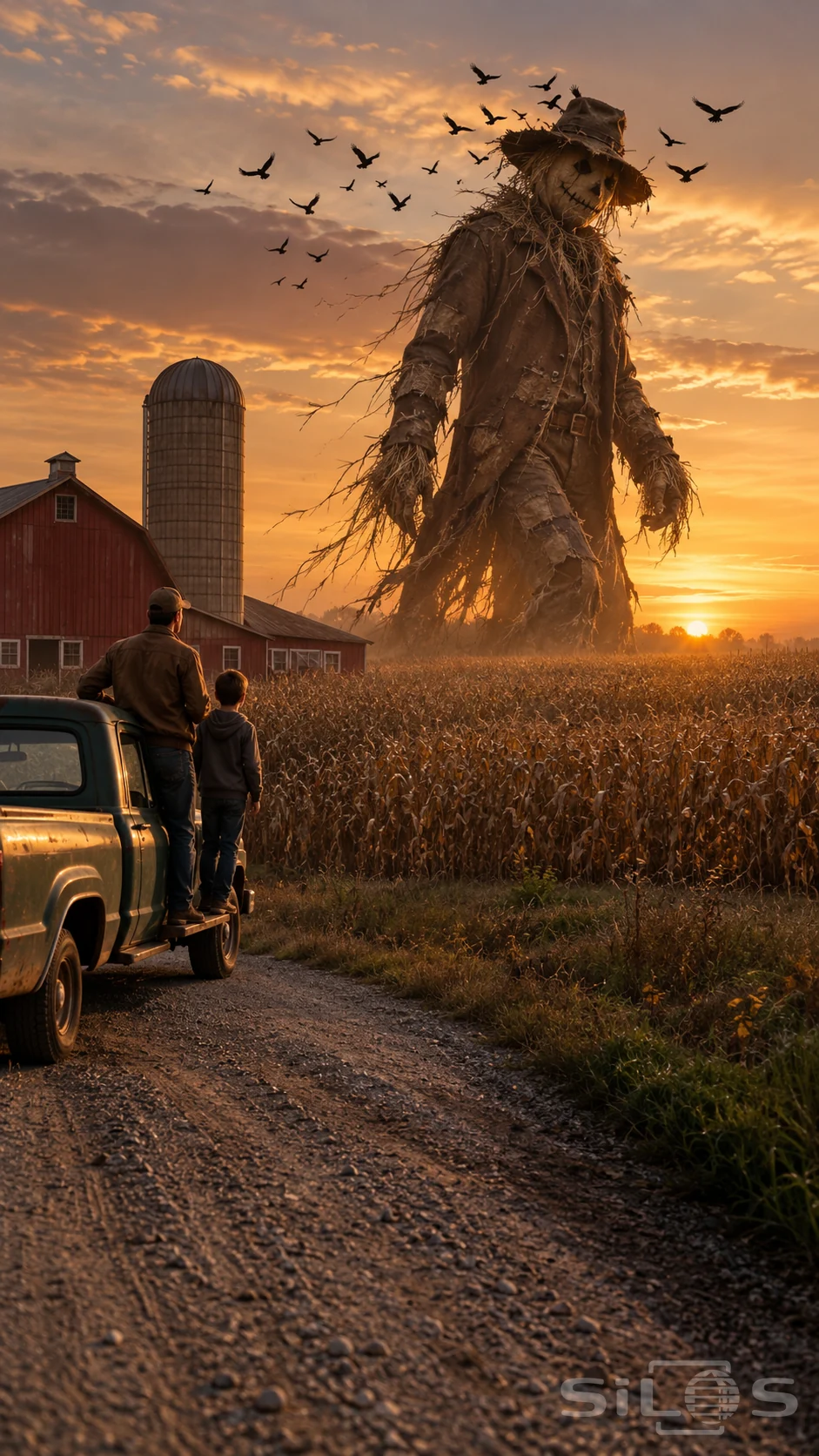 Father and son on a green pickup watch a giant burlap scarecrow rise above cornfields, a red barn and a grain silo at sunset