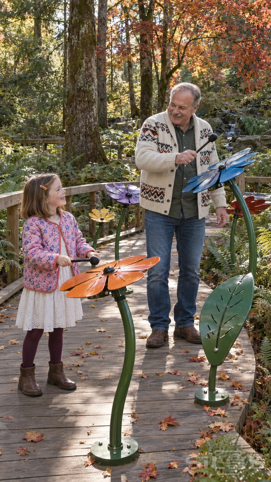 A father and daughter smile at each other while holding mallets beside musical flowers in a woodland percussion garden.