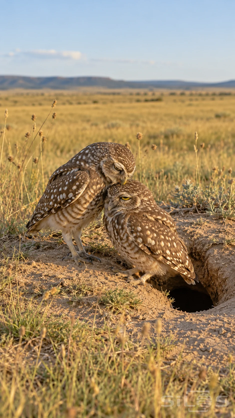 Two burrowing owls share crown preening beside a sandy burrow with speckled brown feathers and golden prairie behind.