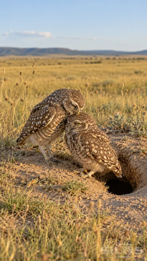 Two burrowing owls share crown preening beside a sandy burrow with speckled brown feathers and golden prairie behind.