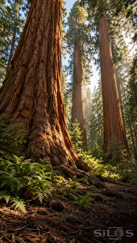 Tall sequoia trunks with furrowed red bark rise above ferns; spreading roots; fallen cones and a shaded forest floor.