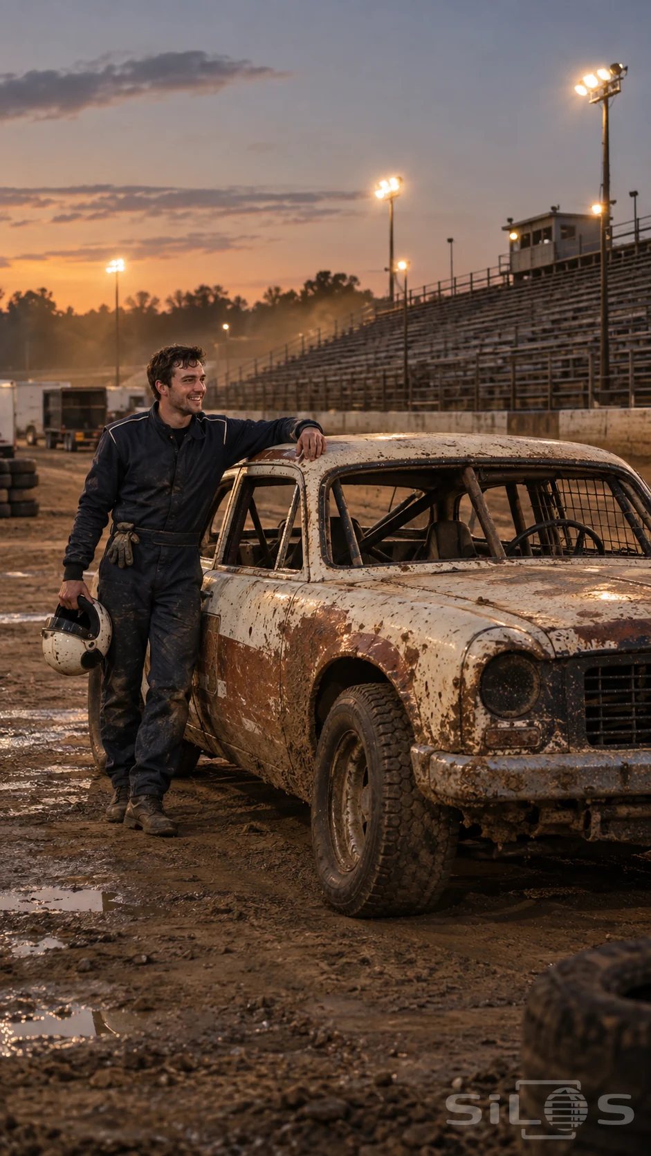 An adult stock car driver in muddy coveralls holds a helmet beside a battered cream and rust-colored racing car at dusk.