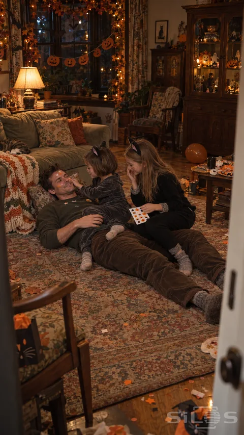 Halloween stickers cover Dad's cheek as two daughters in cat costumes sit close on the rug after a warmly decorated living room party.
