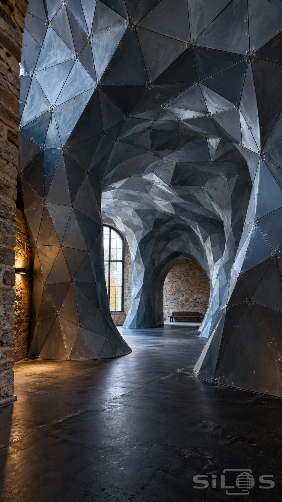 A blue-grey cavern made from riveted triangular metal panels curves through an old stone interior around a dark winding floor.