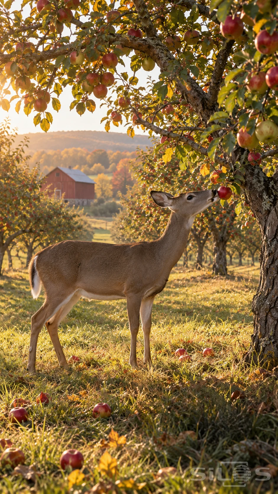 An orchard deer stretches its neck toward a red apple on a low branch above golden grass in an autumn orchard.