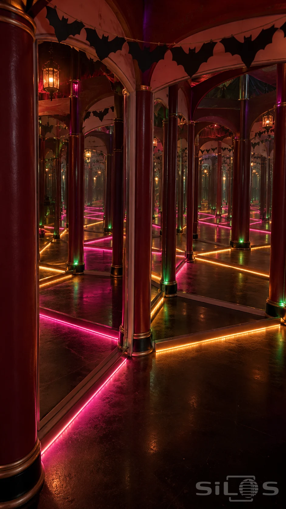 Pink and amber lights repeat between mirrors and burgundy columns beneath hanging paper bats in an empty maze.