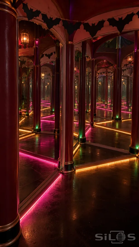 Pink and amber lights repeat between mirrors and burgundy columns beneath hanging paper bats in an empty maze.