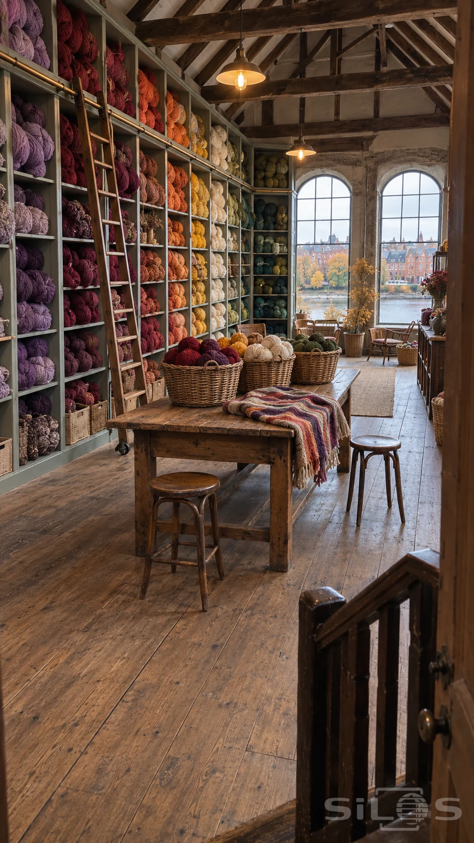Tall yarn shelves progress from lilac and red to cream and green around an oak table in a riverside timber loft.