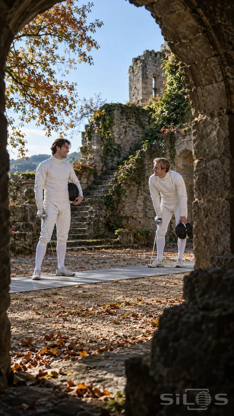 Courtyard fencing scene with two smiling athletes in white suits holding masks and lowered foils beneath an old stone arch.