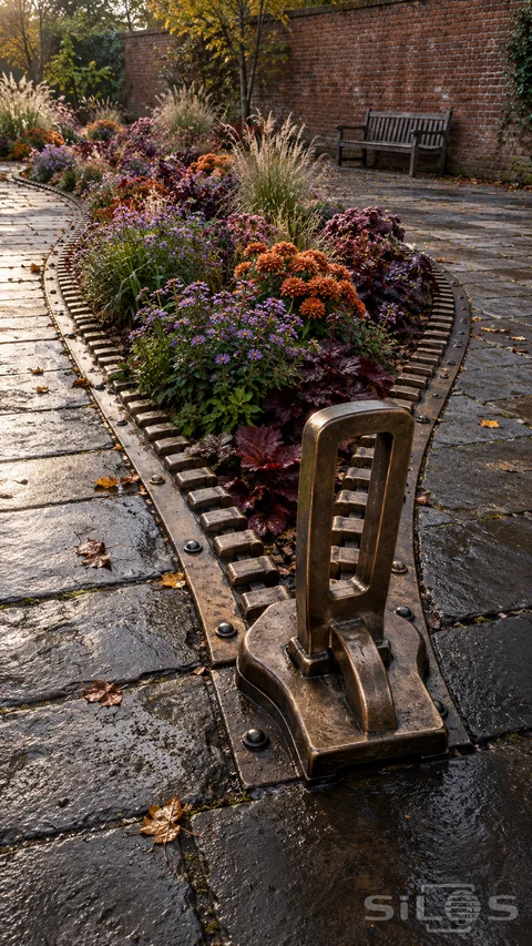 Zipper flowerbed with a giant bronze pull and toothed borders opening around autumn flowers beside a brick wall and bench.