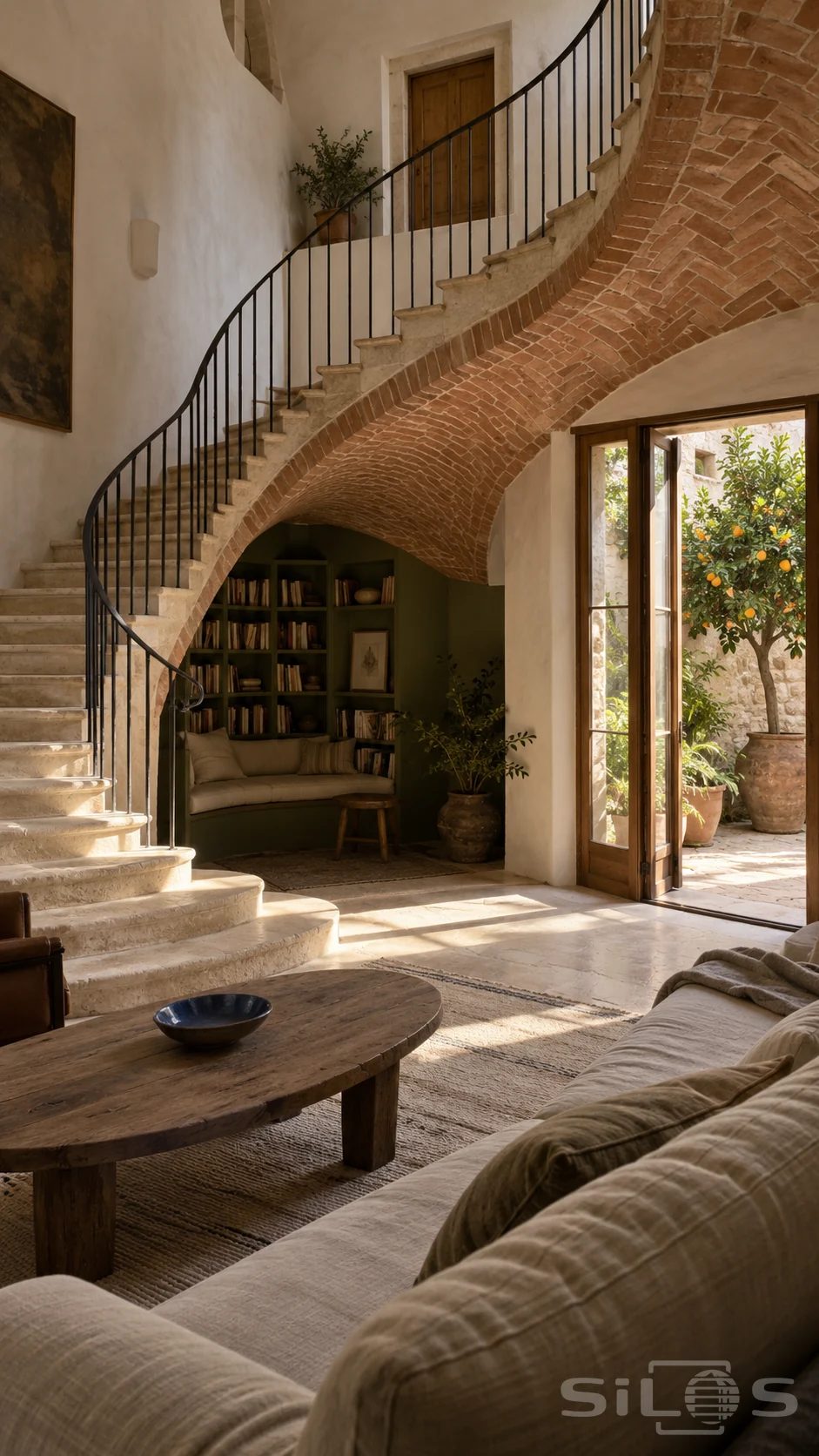A sweeping brick stair shelters olive-green bookshelves and a reading bench beside a sunny courtyard door and linen sofa.