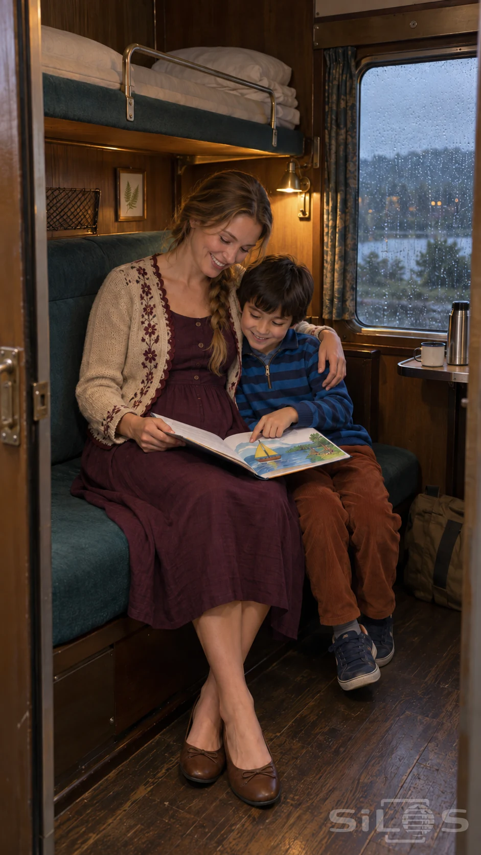 Train storytime with a mother and son leaning together over a shared picture book on a teal seat in a sleeper compartment.