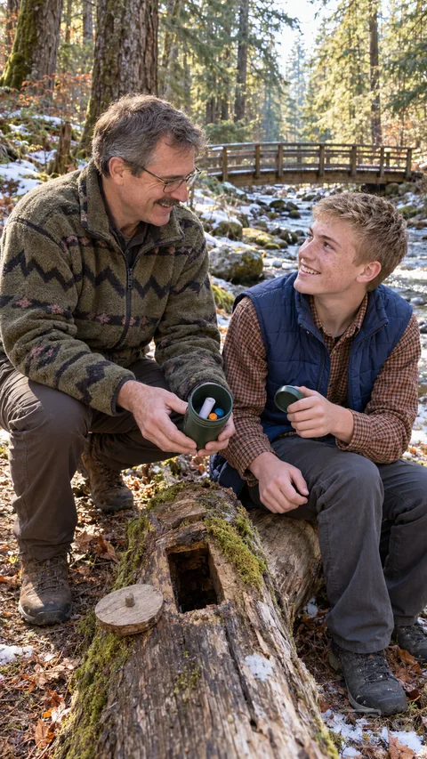 Father and teenage son share a geocache discovery beside a winter creek with an open green container and hollow log between them.
