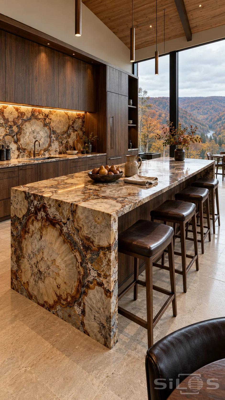 A kitchen island and backsplash made from large petrified wood cross-sections beside walnut cabinets and autumn valley windows.