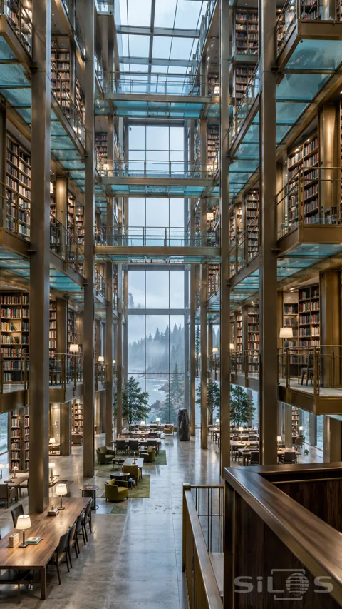 Tall library atrium with multiple book galleries; turquoise glass walkways; bronze columns and a huge window overlooking a misty coast.
