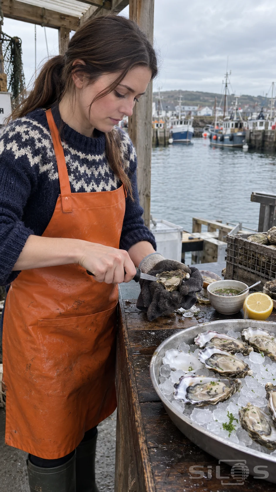 Woman in an orange apron works at oyster shucking beside a harbor, with oyster shells arranged on crushed ice in a metal tray.