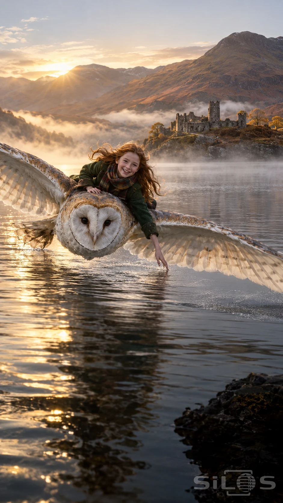 A girl in a green coat rides a giant barn owl just above a misty loch, trailing her fingers in the water beneath autumn mountains.