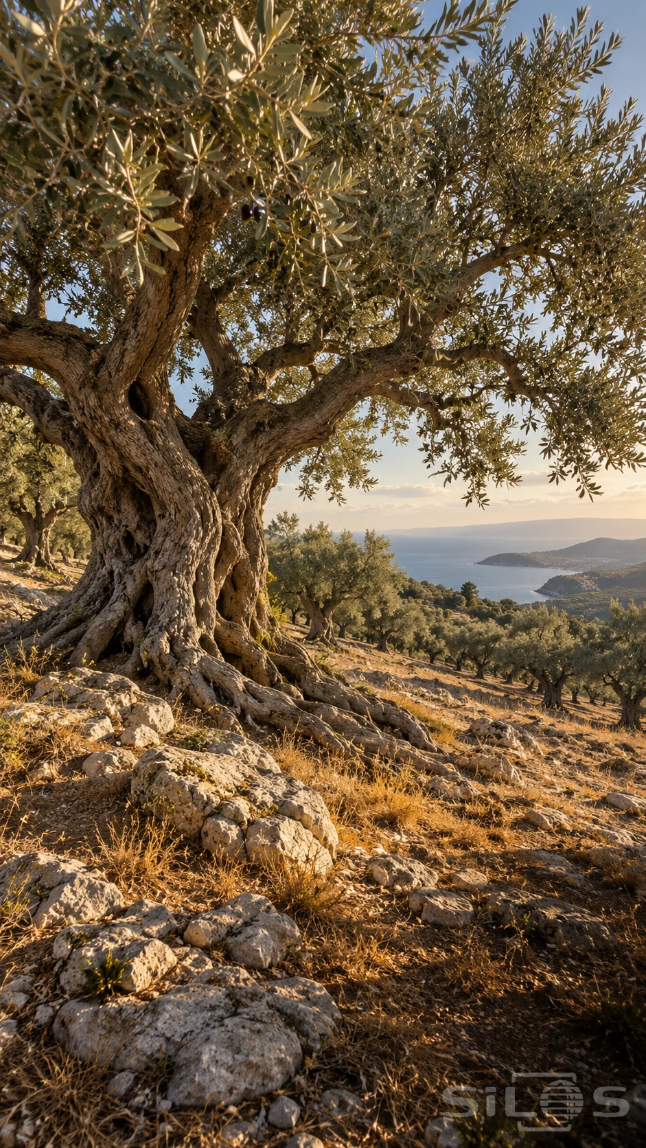 An old olive tree with a deeply folded gray trunk spreads a silver-green canopy above rocky ground and a distant sea.