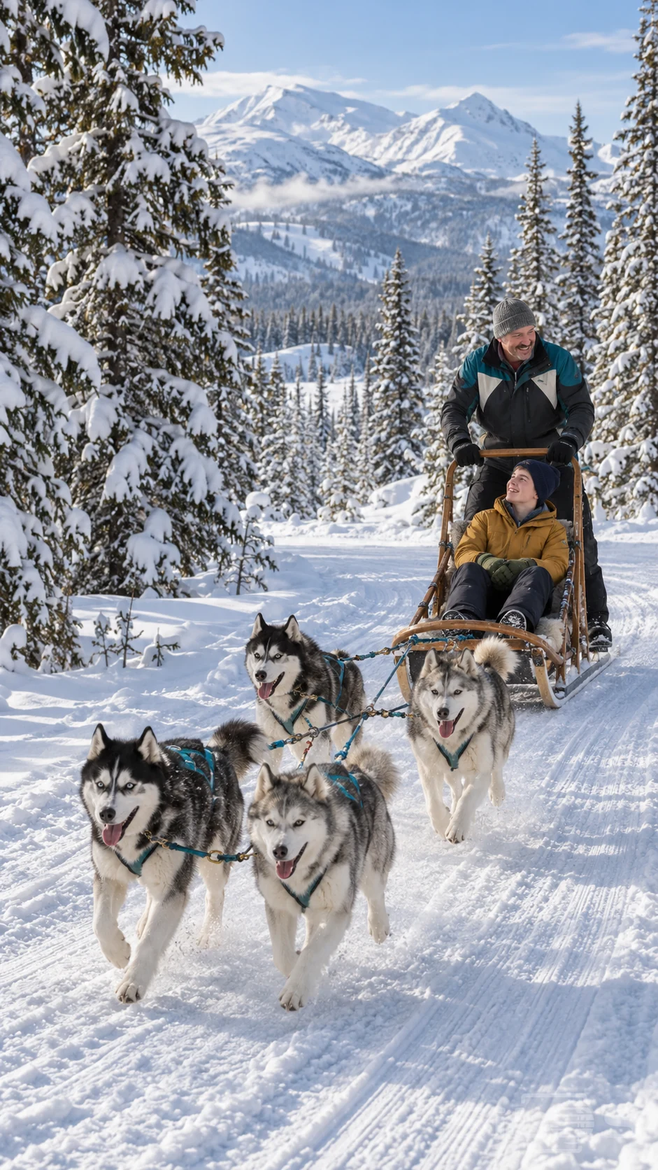 A dog sled team of four huskies leads a wooden sled carrying a father and son through a snowy mountain forest.