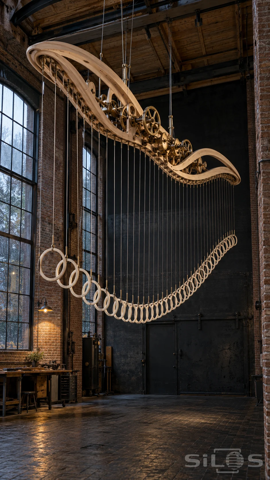 A curved wooden mechanism with brass wheels suspends a long dipping row of ivory rings on fine cords in a tall brick hall.