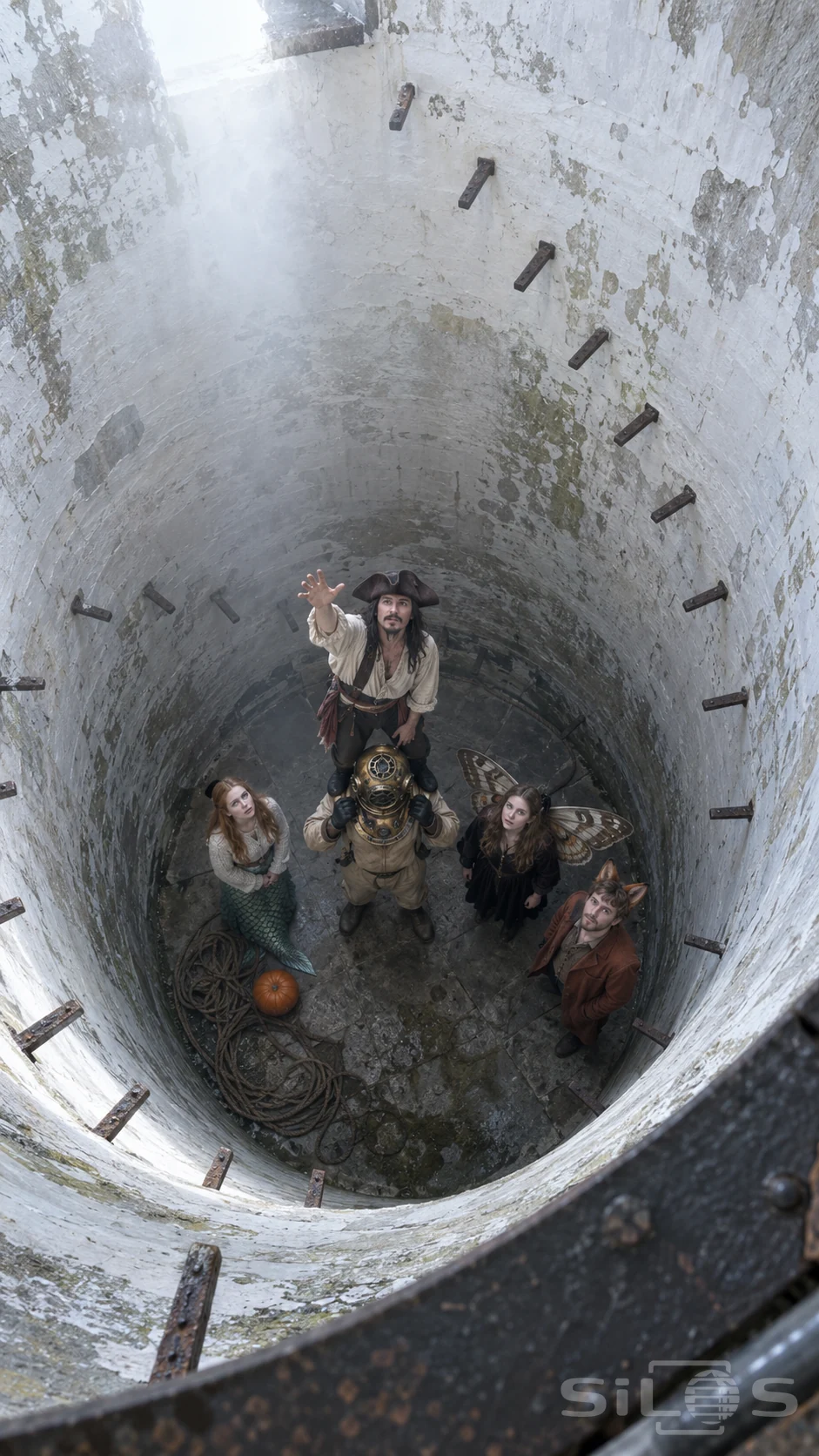Five adults in sea and woodland costumes look upward from a stairless lighthouse shaft with a pirate standing on a diver's shoulders.