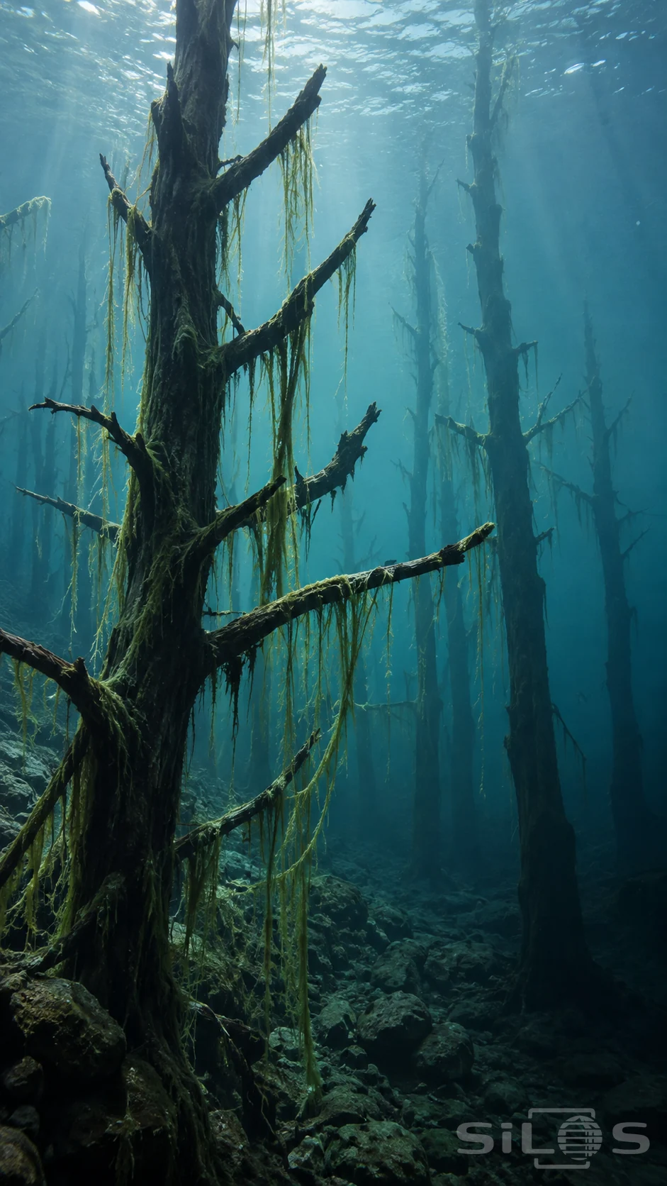 Underwater forest of upright drowned tree trunks, with bare branches draped in long green growth beneath a rippling blue lake surface.