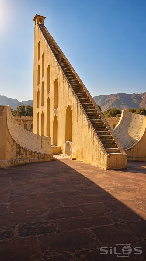 A cream giant sundial with a steep stair stands between curved walls in a sunlit desert courtyard.