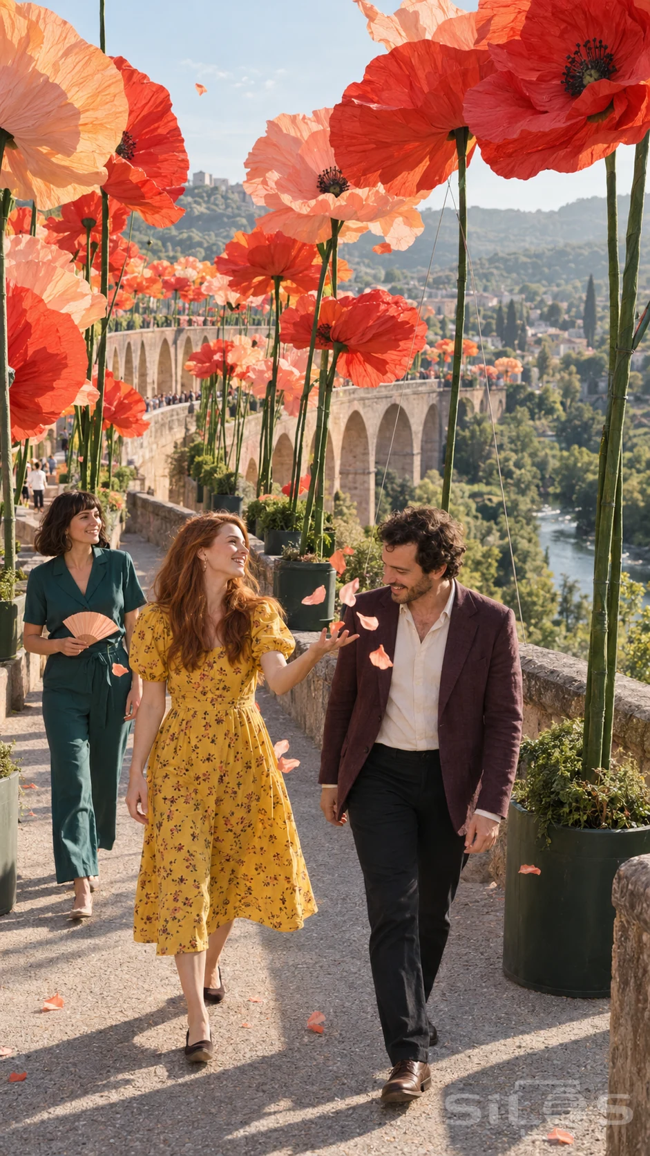 Three adult friends walk under enormous paper poppies on a stone viaduct as a woman in a yellow dress scatters peach petals.