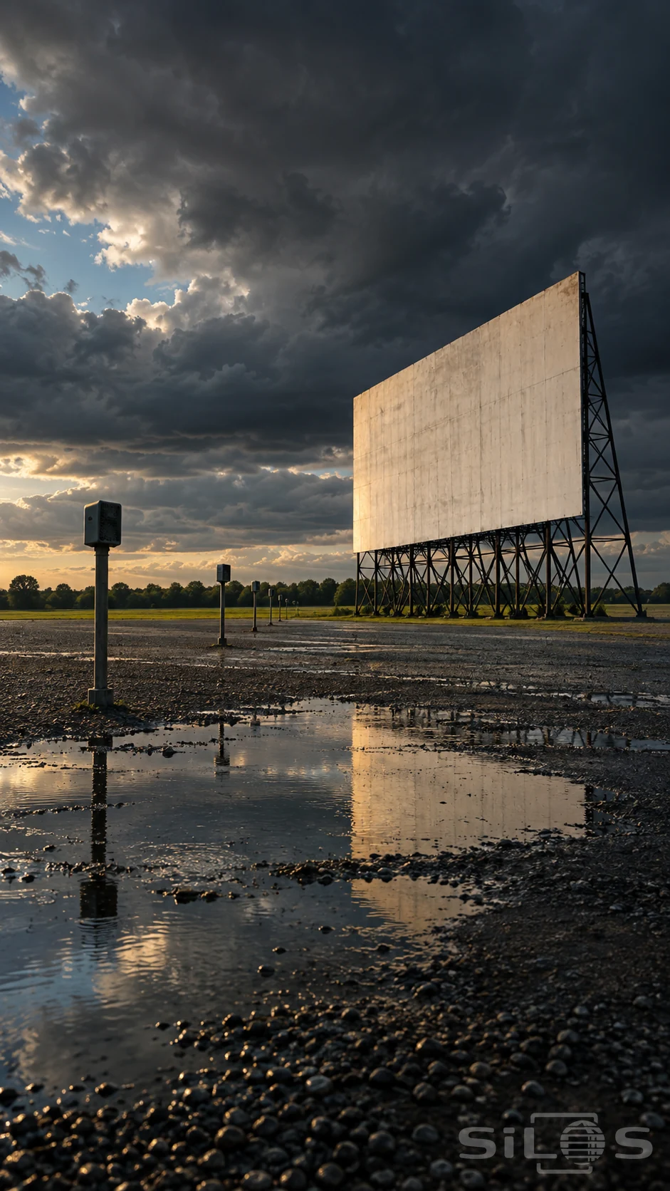Storm cinema screen above an empty gravel lot, with exposed steel supports, speaker posts and a puddle beneath dark clouds.