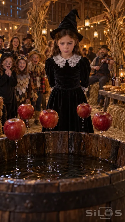 Five red apples float above a wooden bobbing barrel; with a fully dressed girl in a witch costume and laughing barn-party guests.