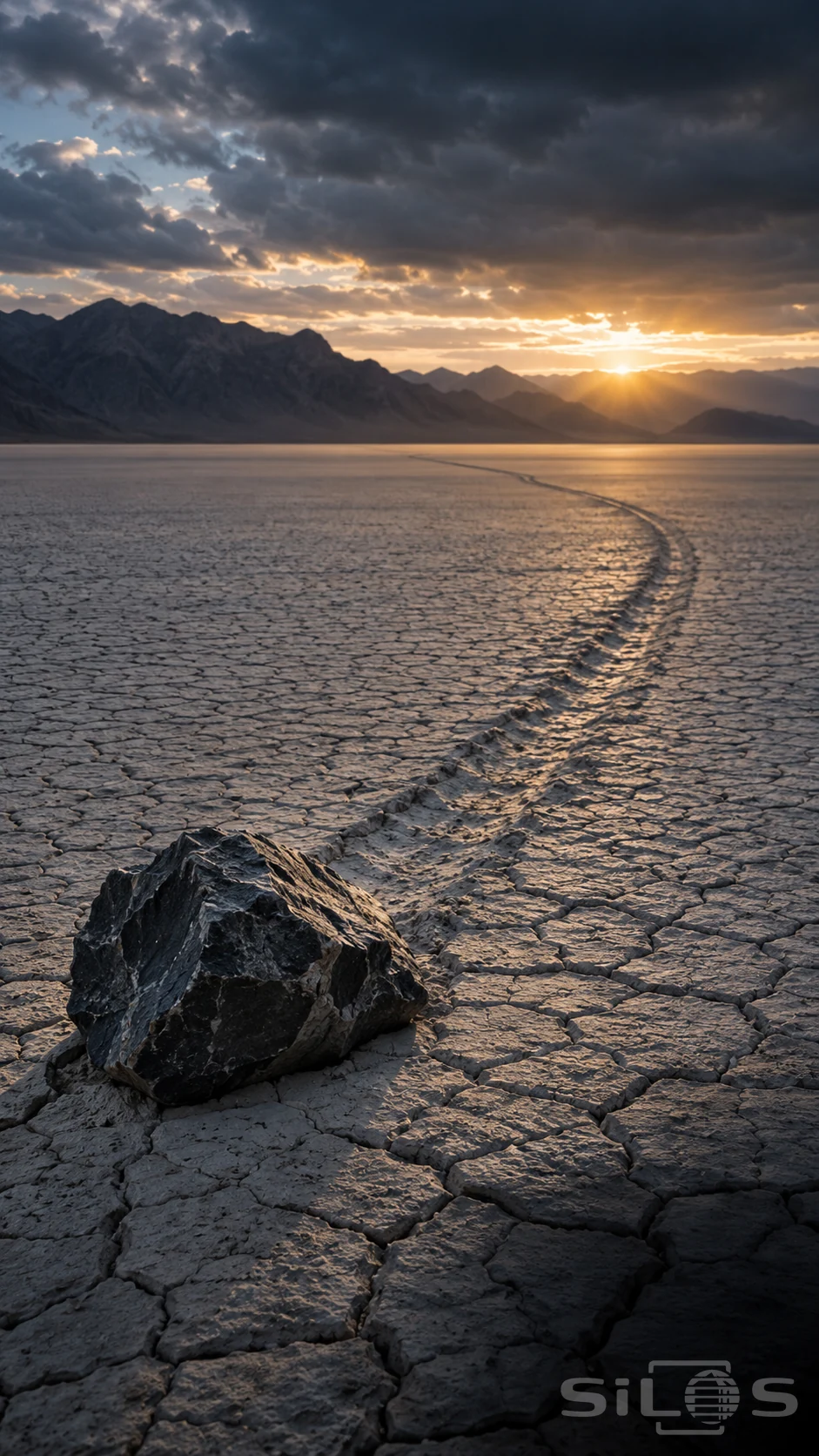 A dark sailing stone rests on cracked pale mud at the end of a curved trail, with mountains and clouds beyond.