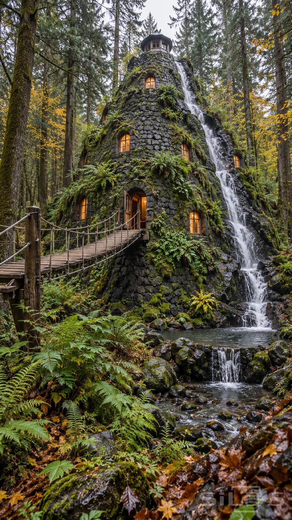 A conical stone forest hotel with warm arched windows, a suspended bridge and a waterfall along its side.