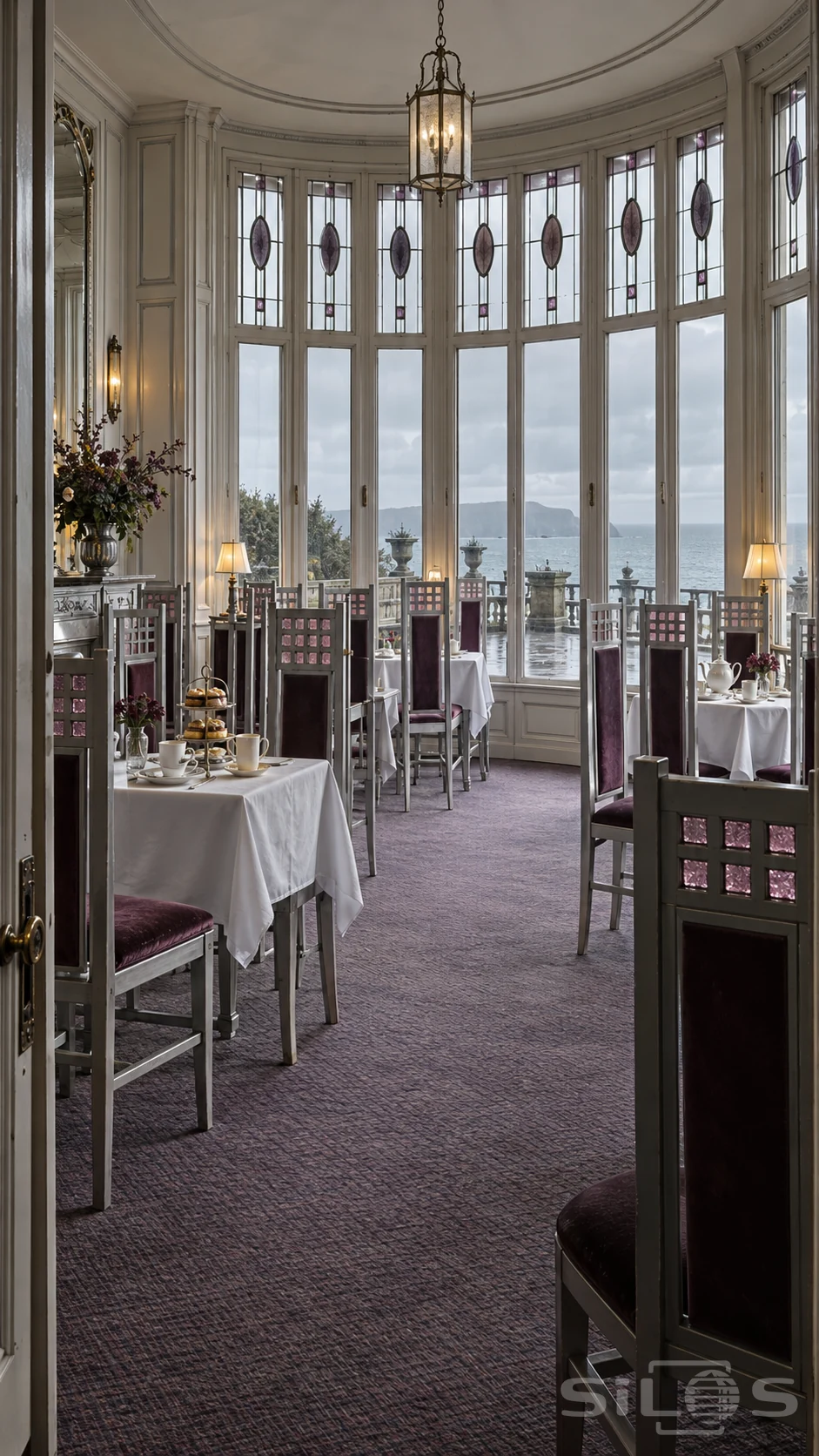 Pale tea salon with tall silver chair backs, plum velvet seats, rose glass squares and a curved wall of sea-facing windows.