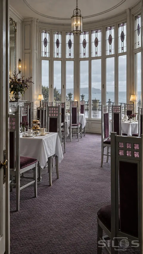 Pale tea salon with tall silver chair backs; plum velvet seats; rose glass squares and a curved wall of sea-facing windows.