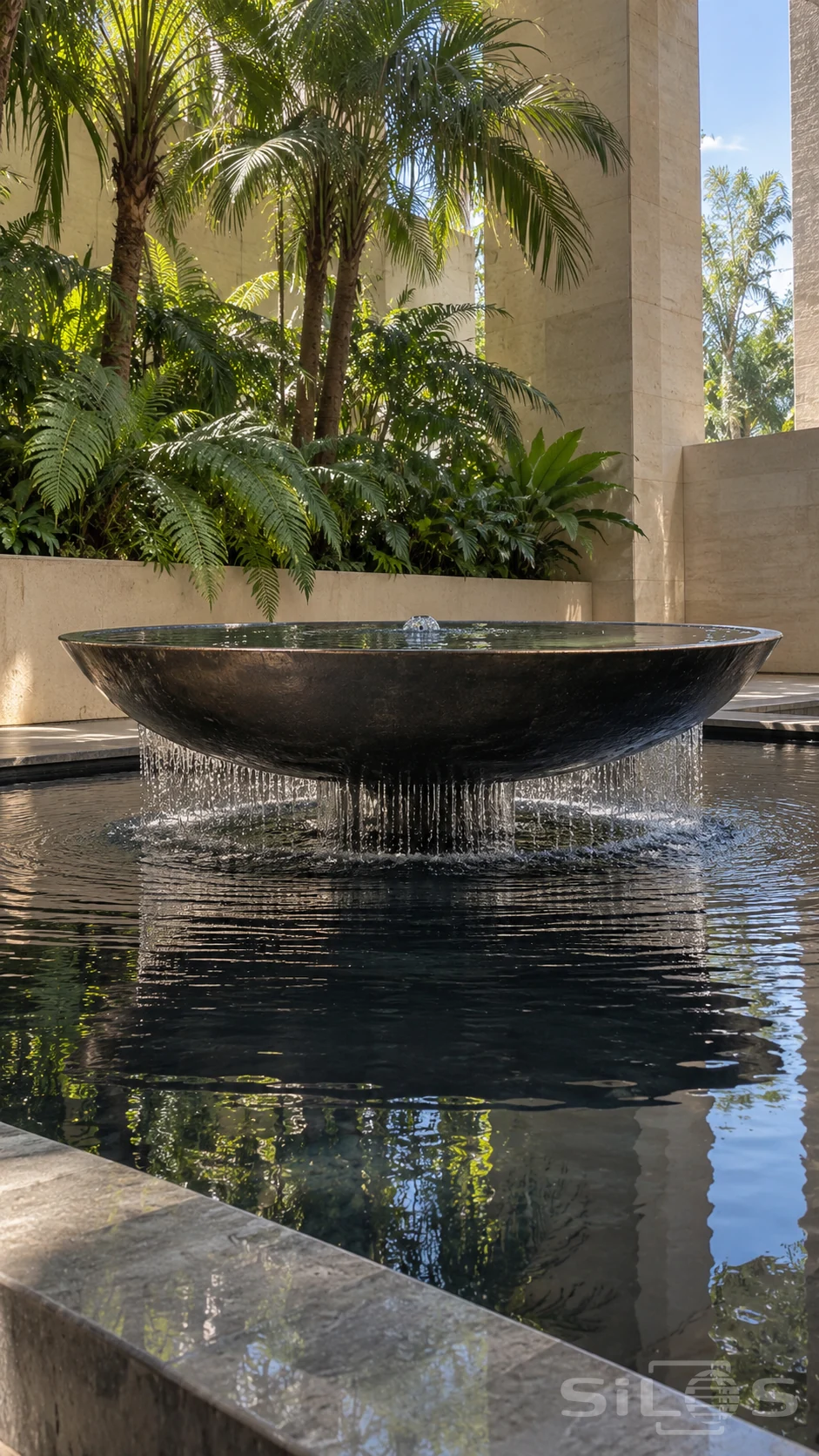 A shallow dark fountain bowl stands above a pool with falling water concealing much of its central support.