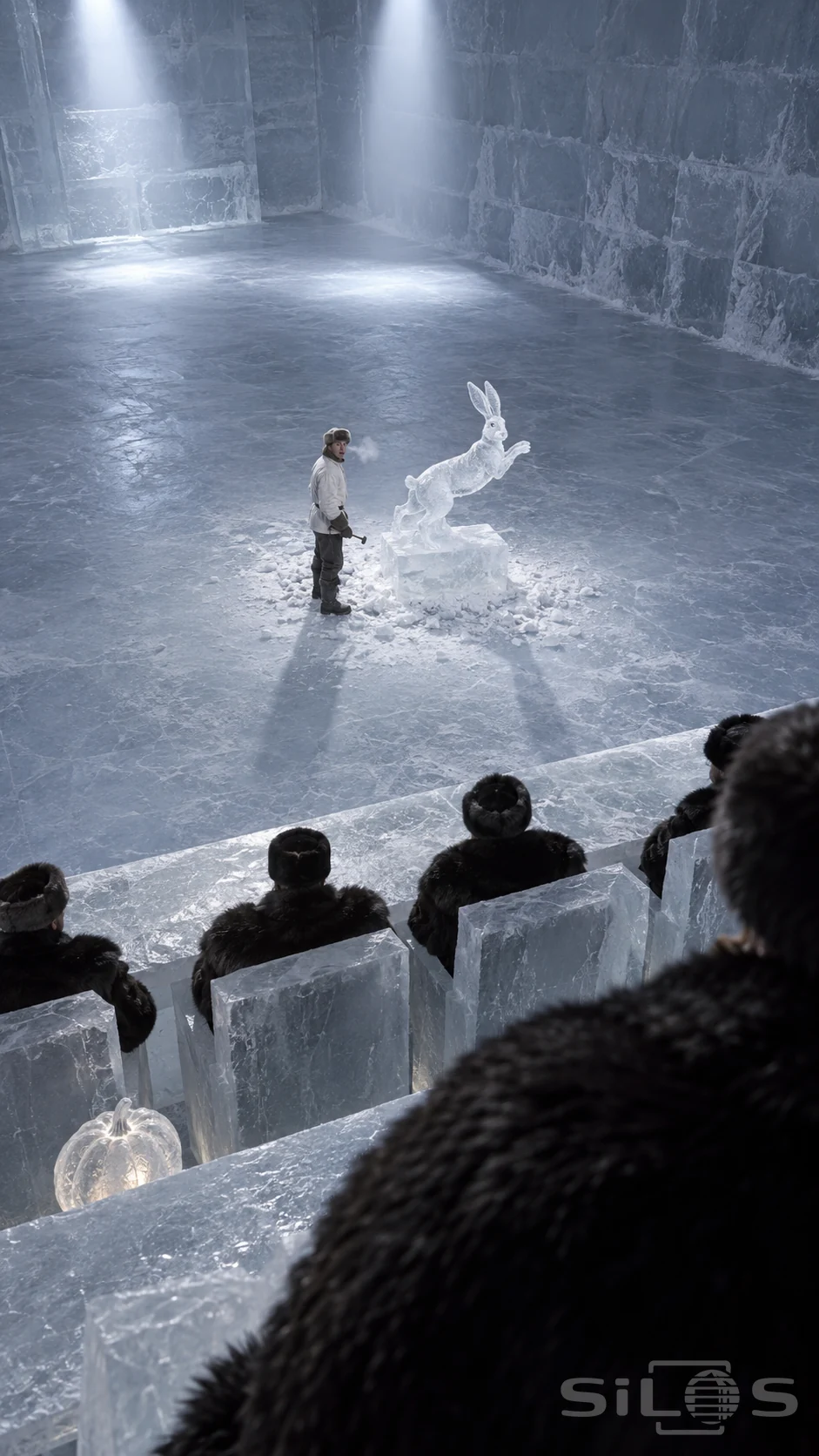 A carver and a leaping ice hare stand on a vast frozen floor below fur-coated judges seated behind an ice bench.