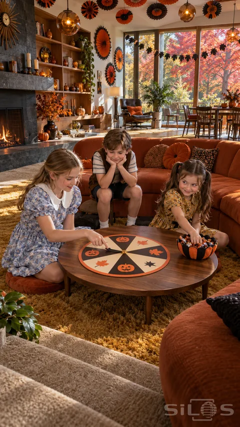 A Halloween spinner on a round walnut table with three children watching its arrow and a younger girl reaching for the sweet bowl.