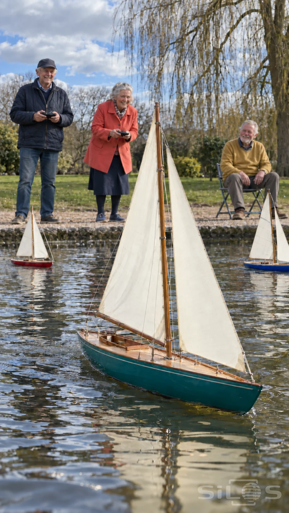 Three older adults enjoy a model boat pond, watching a teal yacht in the foreground and two smaller red and blue boats.