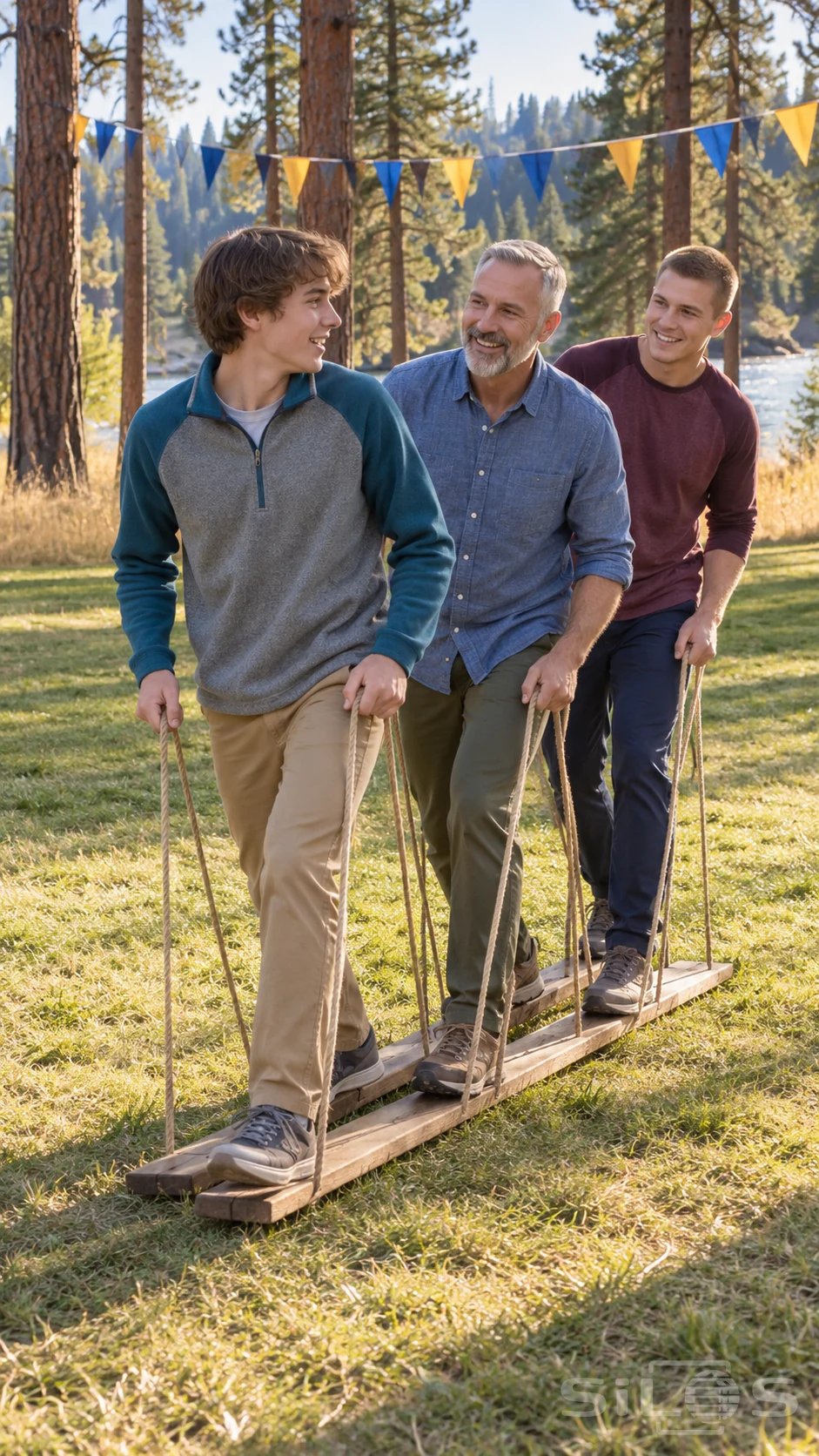 A father and two sons coordinate a step on team walking planks while holding rope handles in a grassy pine clearing.