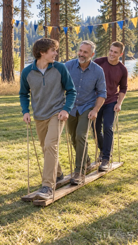 A father and two sons coordinate a step on team walking planks while holding rope handles in a grassy pine clearing.