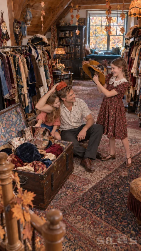 A costume trunk with a seated father trying a tiny orange cap while one daughter offers a feathered hat and the younger rests beside him.