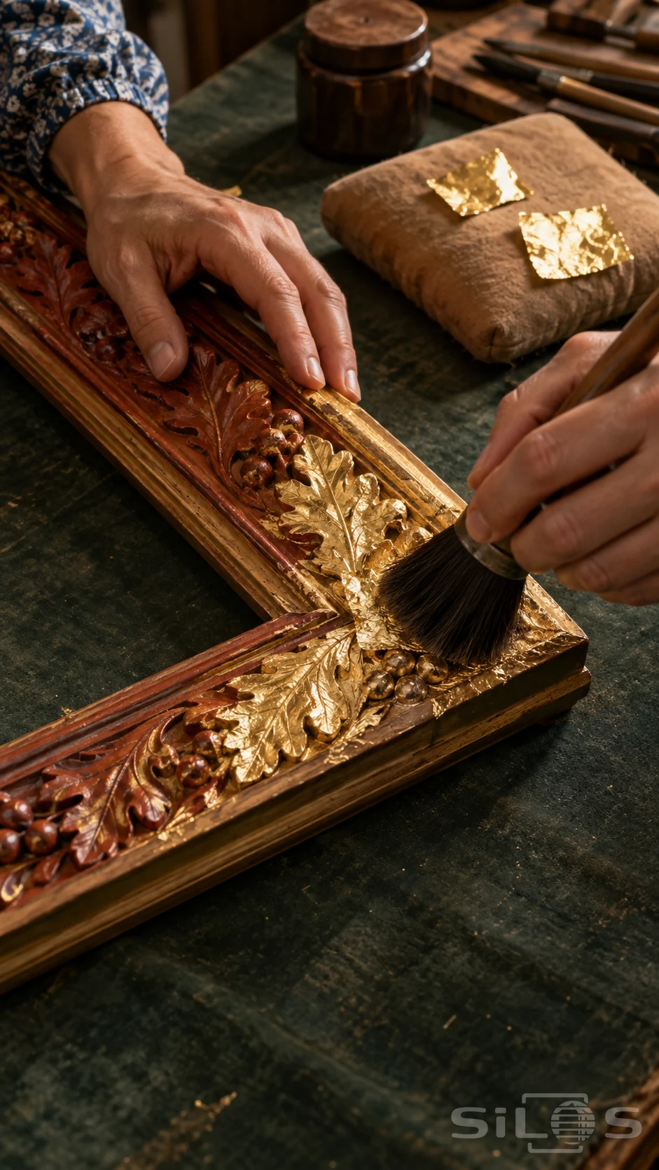 Two adult hands use a gilding brush to settle gold leaf onto a wooden frame carved with oak leaves and berries.