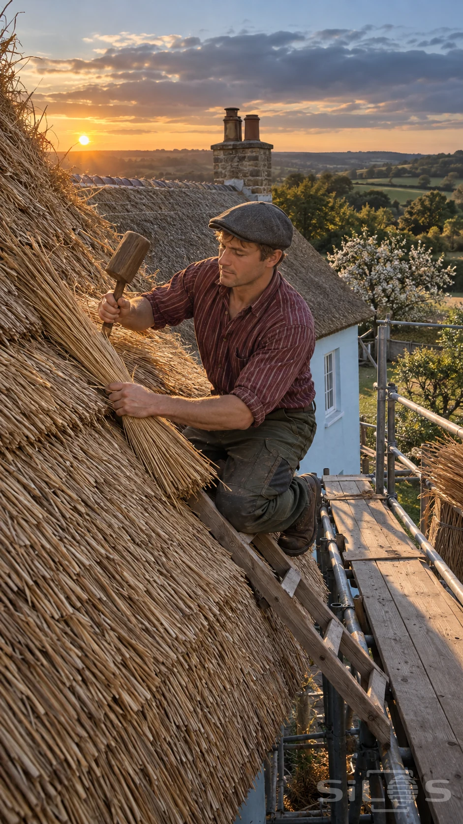A worker uses a wooden leggett during thatch roof repair, kneeling on a roof ladder above a cottage at sunset.
