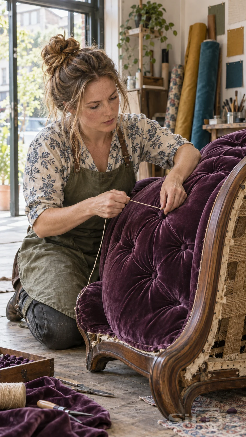 A craftswoman draws twine around a covered button in plum velvet upholstery beside the exposed wooden frame of a chair.