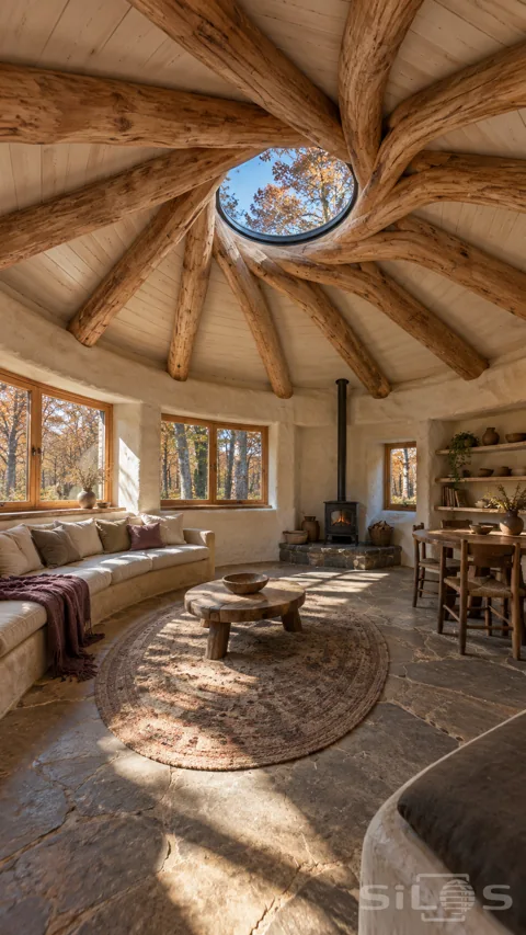 Large timber rafters overlap around a round skylight above a cream circular living room with a curved sofa; dining table and wood stove.