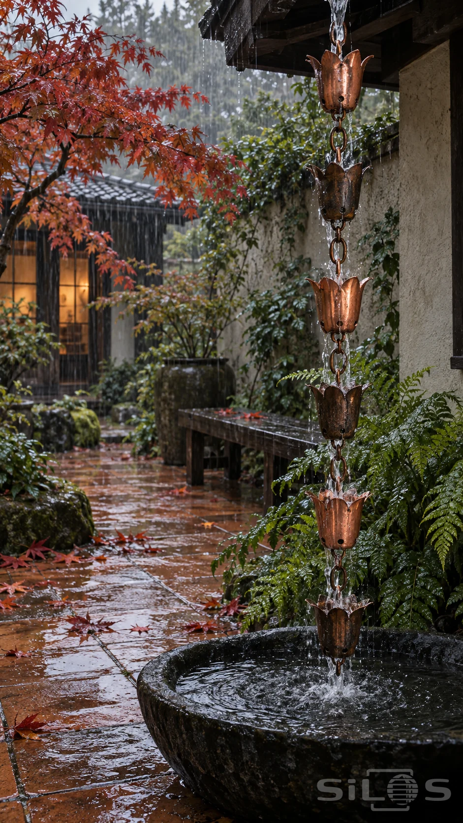 Water flows through lily-shaped cups on a copper rain chain into a black stone basin beside wet terracotta paving.