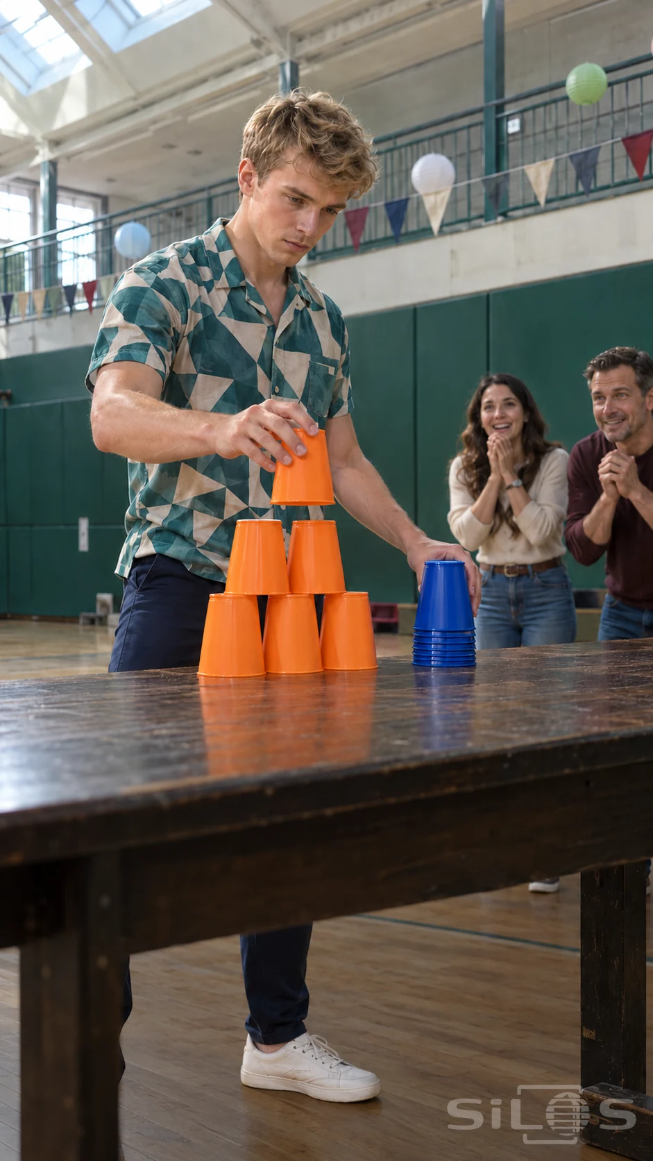 Cup stacking with orange cups on a wooden table, a man in a patterned shirt and two smiling spectators beneath gym skylights.