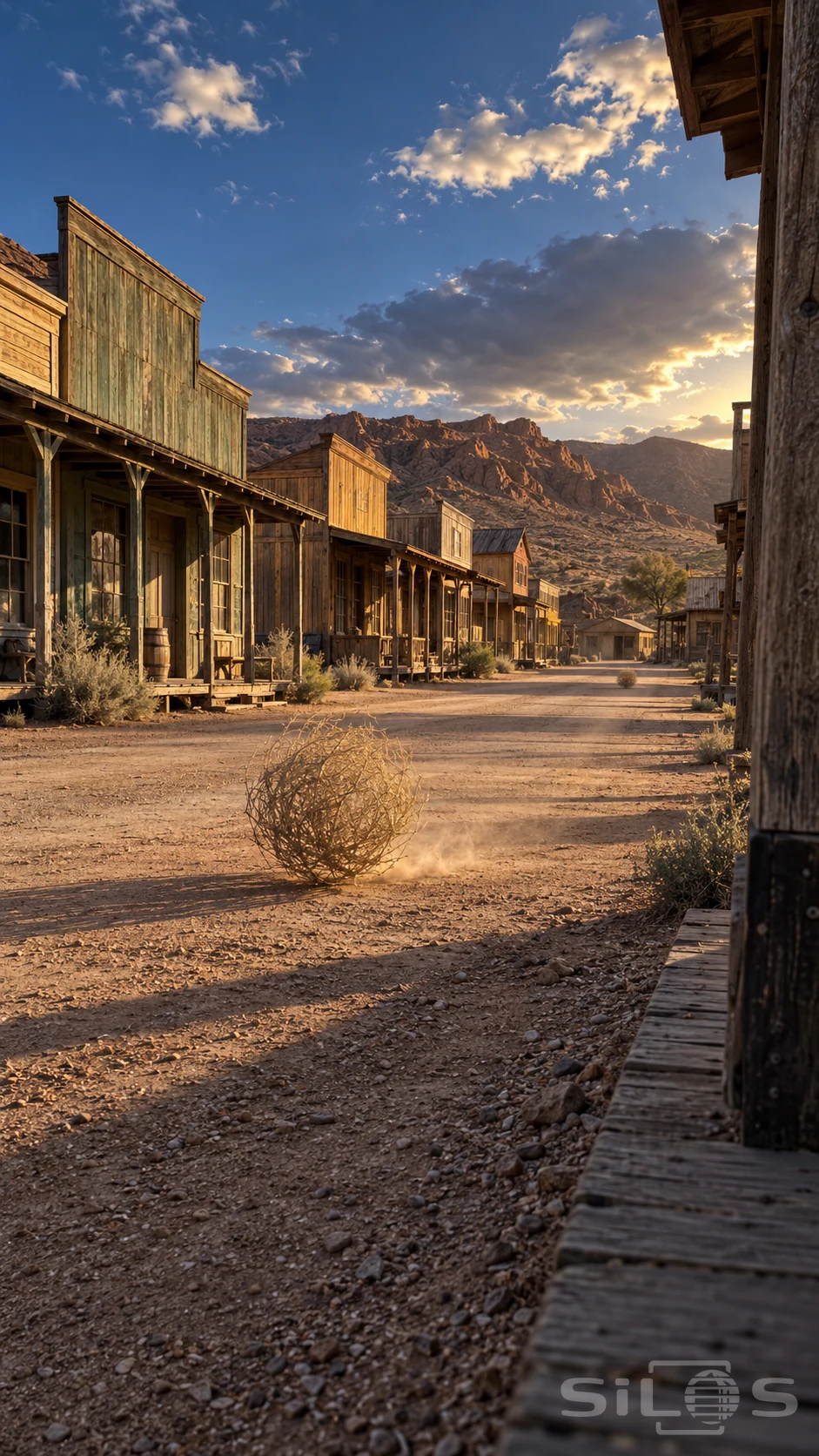 A tumbleweed rolls along an empty weathered desert street lined with wooden false fronts and covered boardwalks.